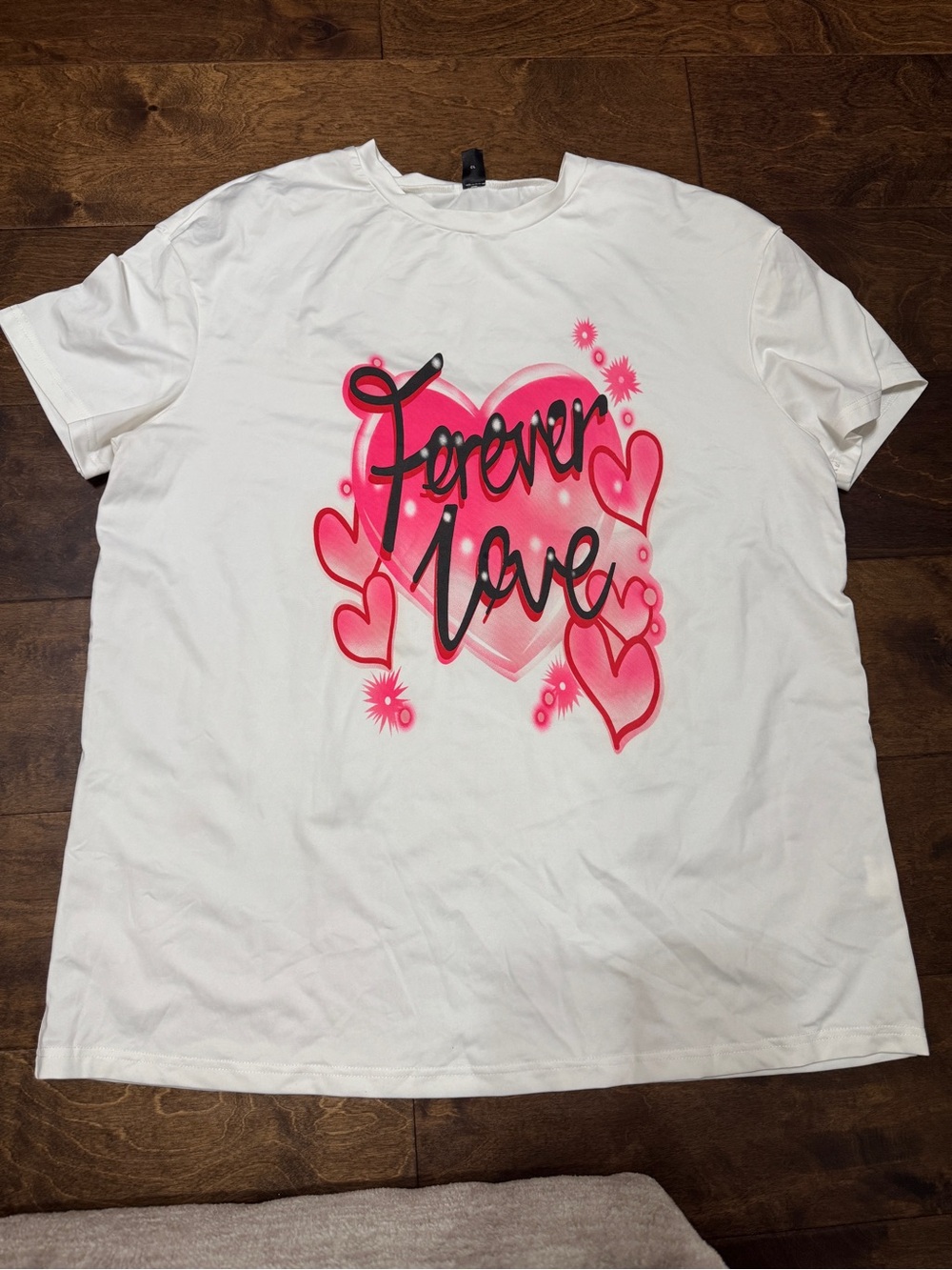 SHEIN White Tee with Neon Pink Heart "Forever Love" Graphic